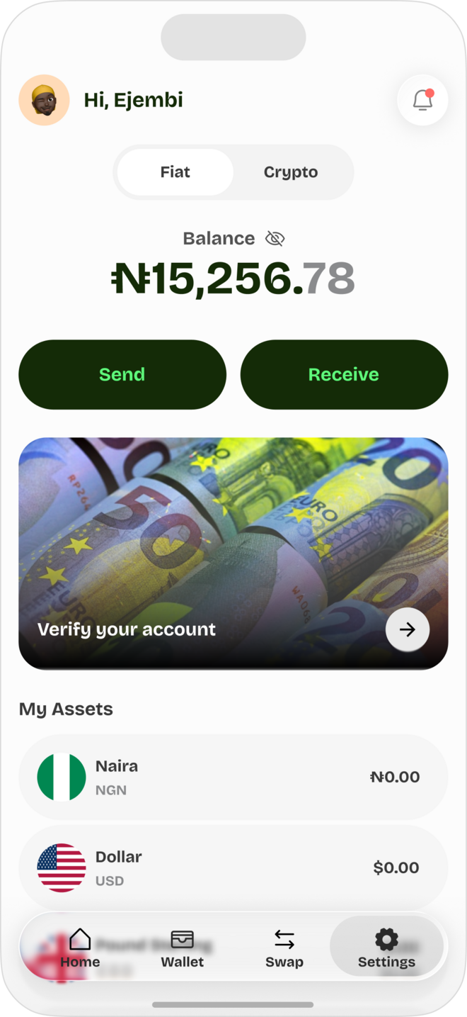 Greengate app — wallet balances, a send action, and a list of currencies including NGN, USD, GBP and USDT.